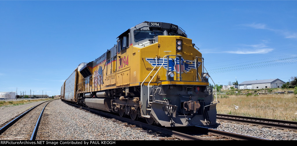 UP 3094 Rear DPU on a Westbound Auto Rack Train Waits For the New Crew to Swap out at The Depot and Head West